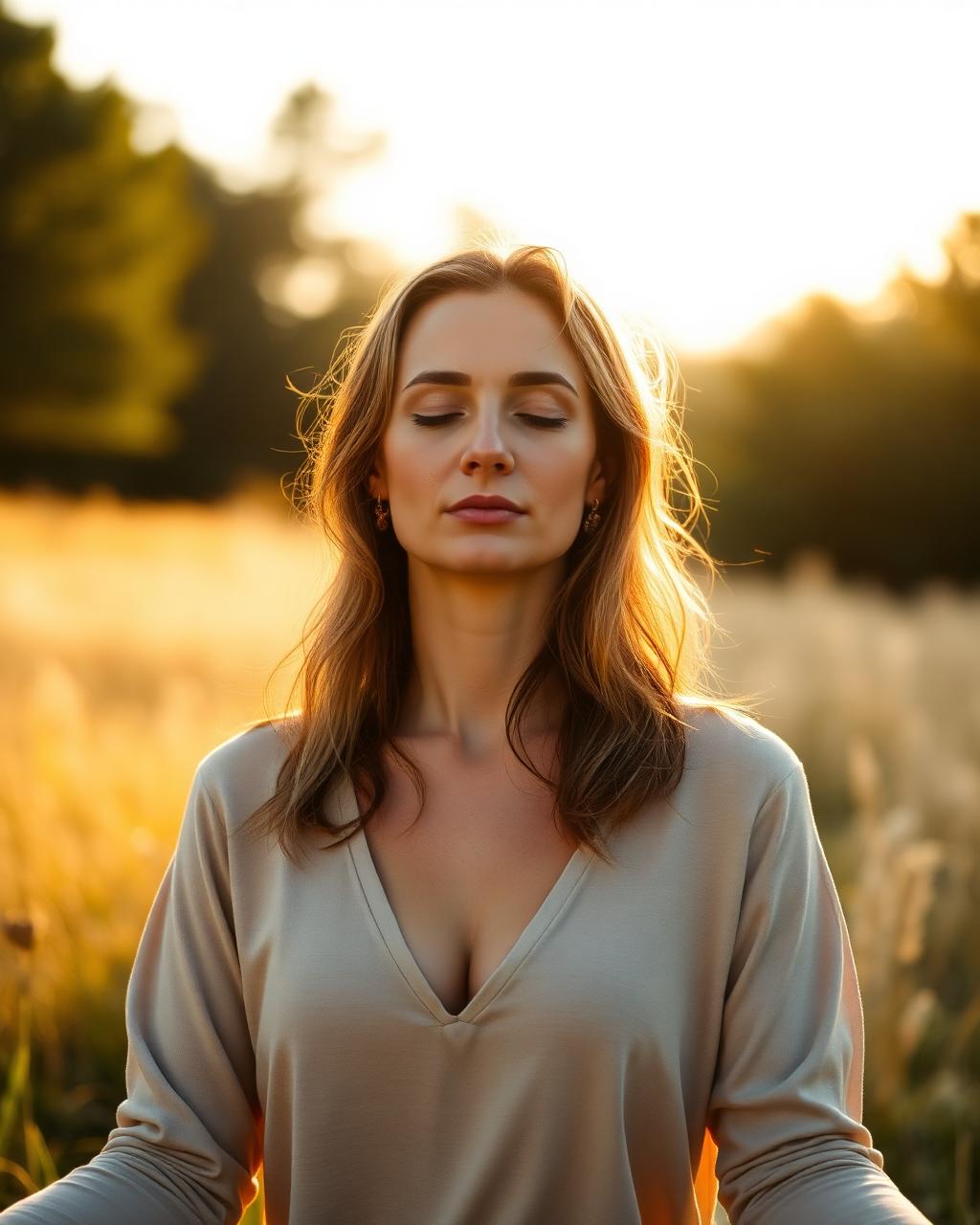 Healing guide meditating in soft golden light